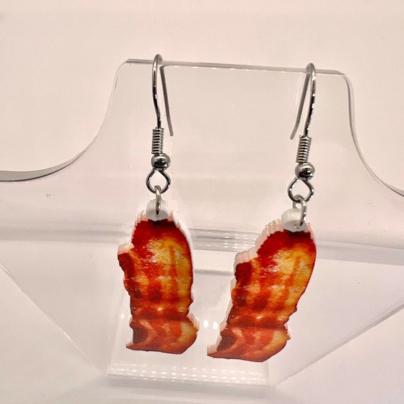 Bacon Strip Earrings - Bacon and Eggs Earrings - Breakfast Earrings - Food Earri - Picture 2 of 11